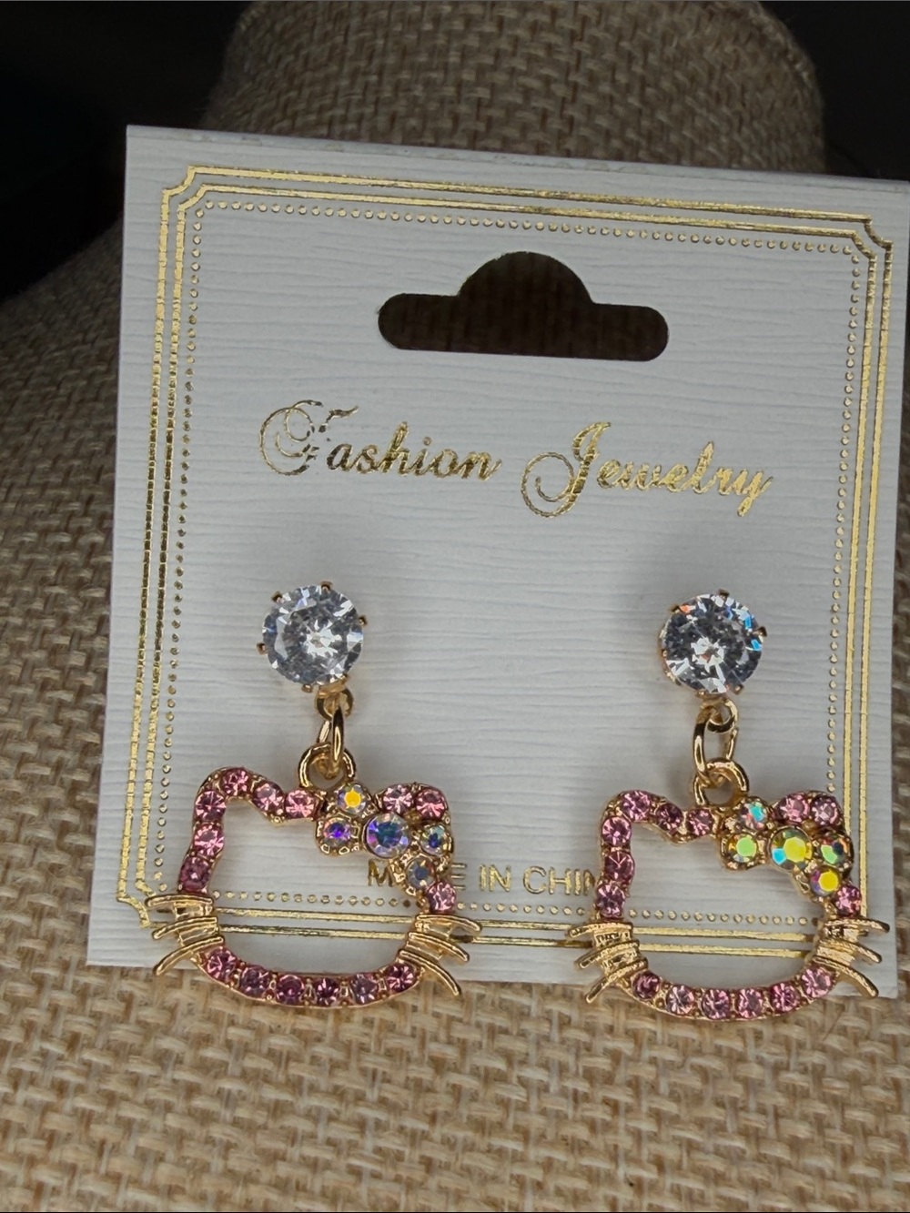 Pink Crystal Hello Kitty Outline Drop Earrings